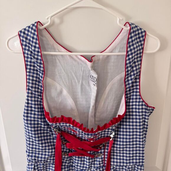 Vintage Oktoberfest Dirndl Drindl Dress Embroidery Lace Up Checkered - Picture 2 of 8
